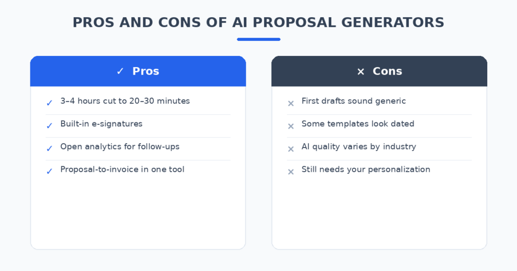 Pros and cons of AI proposal generator tools for freelancers compared across the six tested tools