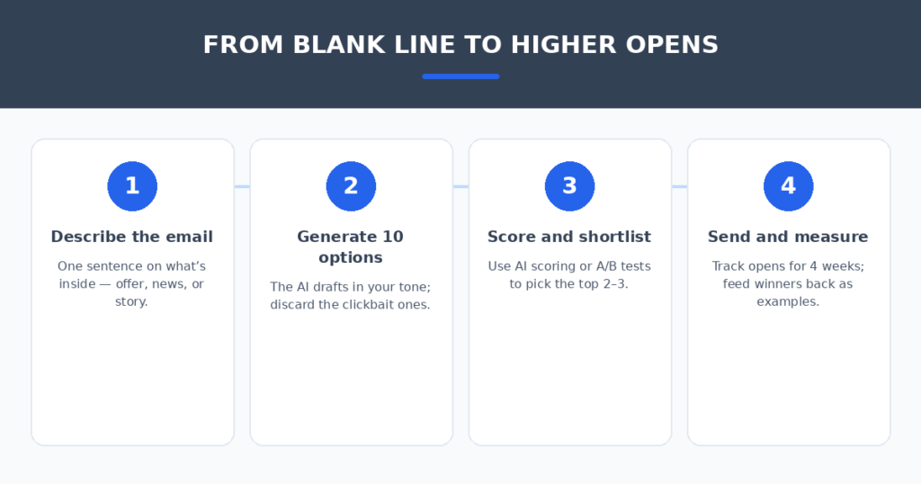 Four-step AI subject line workflow for small business newsletters — describe the email, generate ten options, score and shortlist, send and measure opens
