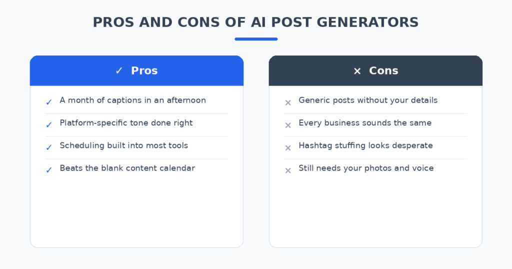 Pros and cons of AI social media post generators for small business compared across 7 tested tools