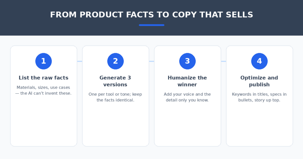 Four-step AI product description workflow for Shopify — list the raw facts, generate three versions, humanize the winner, optimize and publish