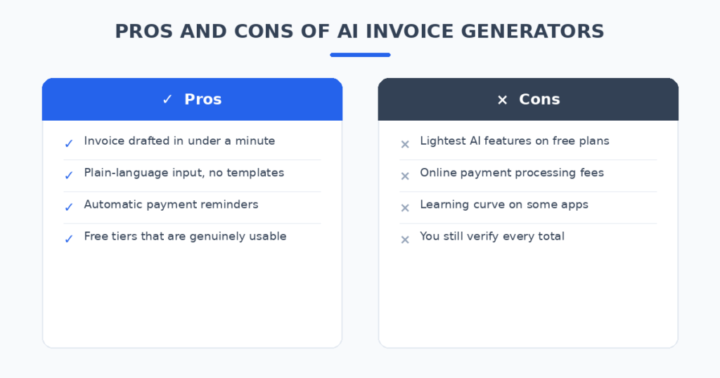 Pros and cons of AI invoice generators for freelancers compared across 6 tested tools