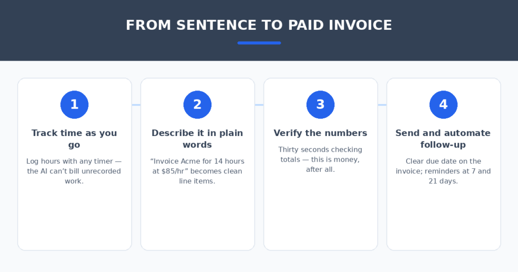 Four-step AI invoice workflow for freelancers — track time as you go, describe work in plain words, verify the numbers, send and automate follow-up