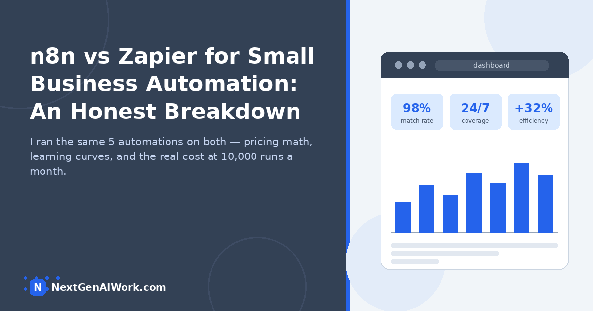 n8n vs Zapier for small business automation compared head-to-head — honest breakdown of pricing, ease of use, integrations, AI, and data control -->